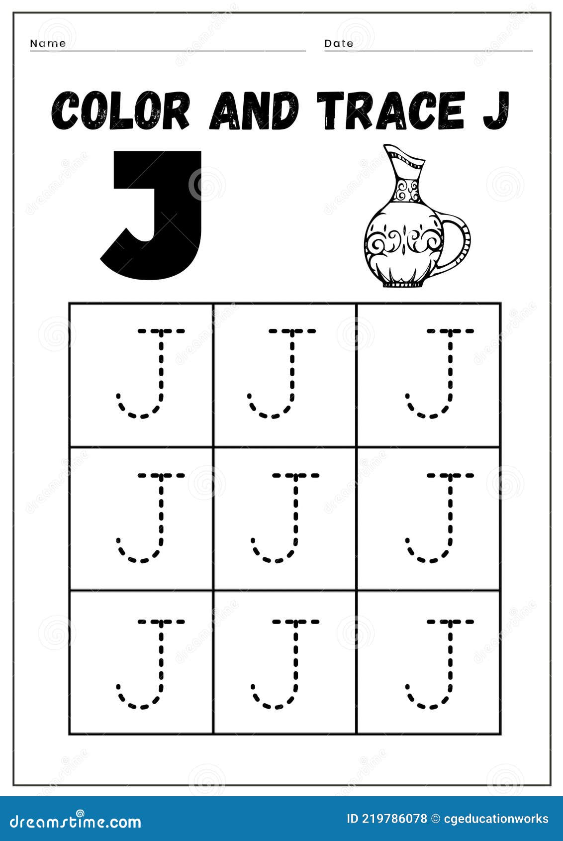 Color and trace alphabet j worksheet stock vector