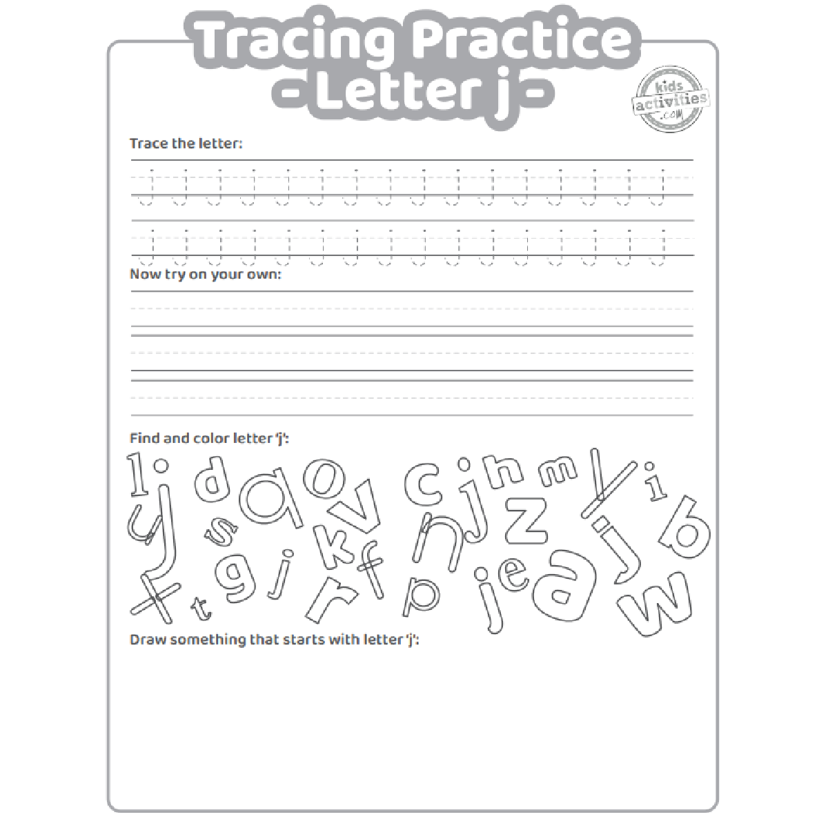 Free letter j practice worksheet trace it write it find it draw kids activities blog