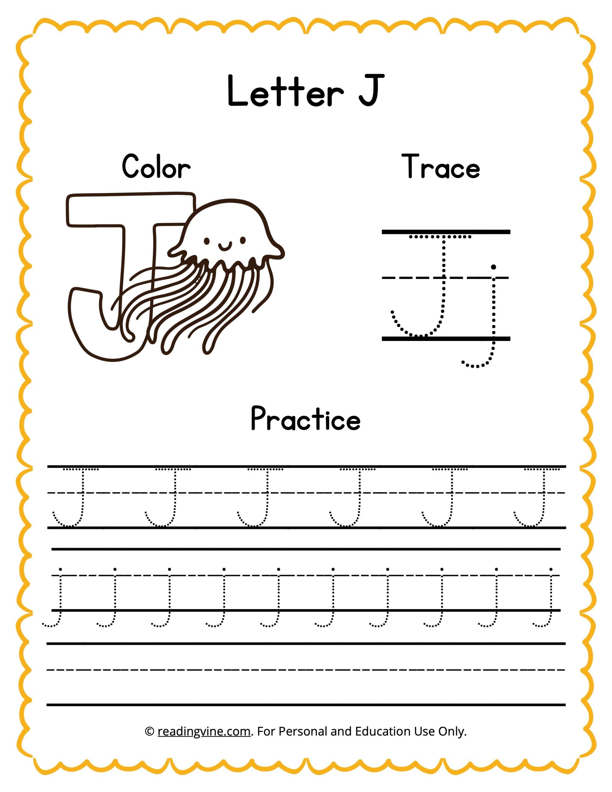 Color trace and write the letter j worksheet