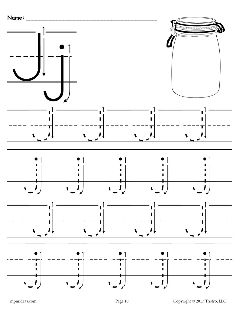 Printable letter j tracing worksheet with number and arrow guides â