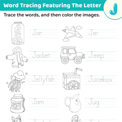 Trace the words start with j worksheets