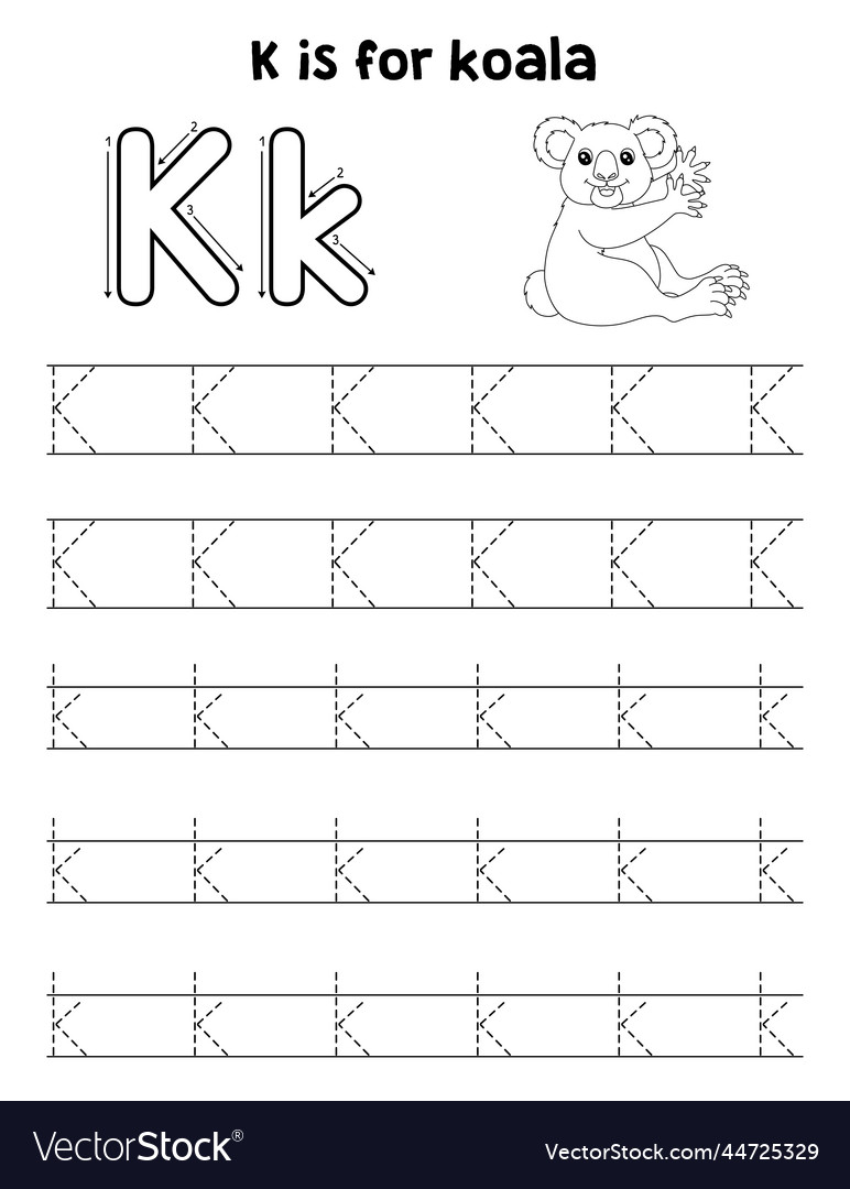 Koala animal tracing letter abc coloring page k vector image