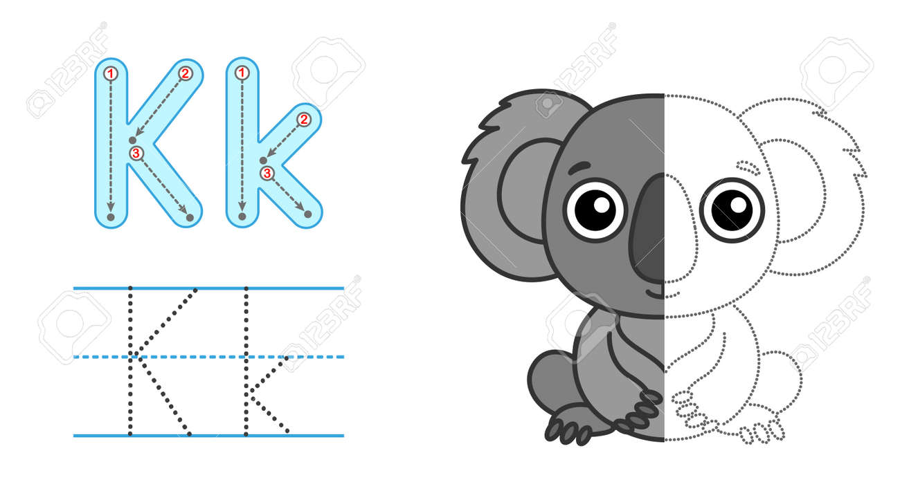 Trace the letter and picture and color it educational children tracing game coloring alphabet letter k and funny cartoon koala royalty free svg cliparts vectors and stock illustration image