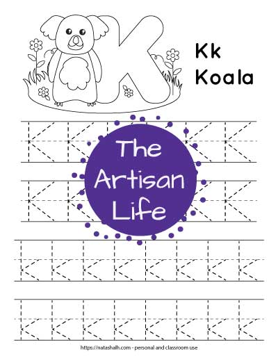 Free printable letter k tracing worksheet with a cute koala