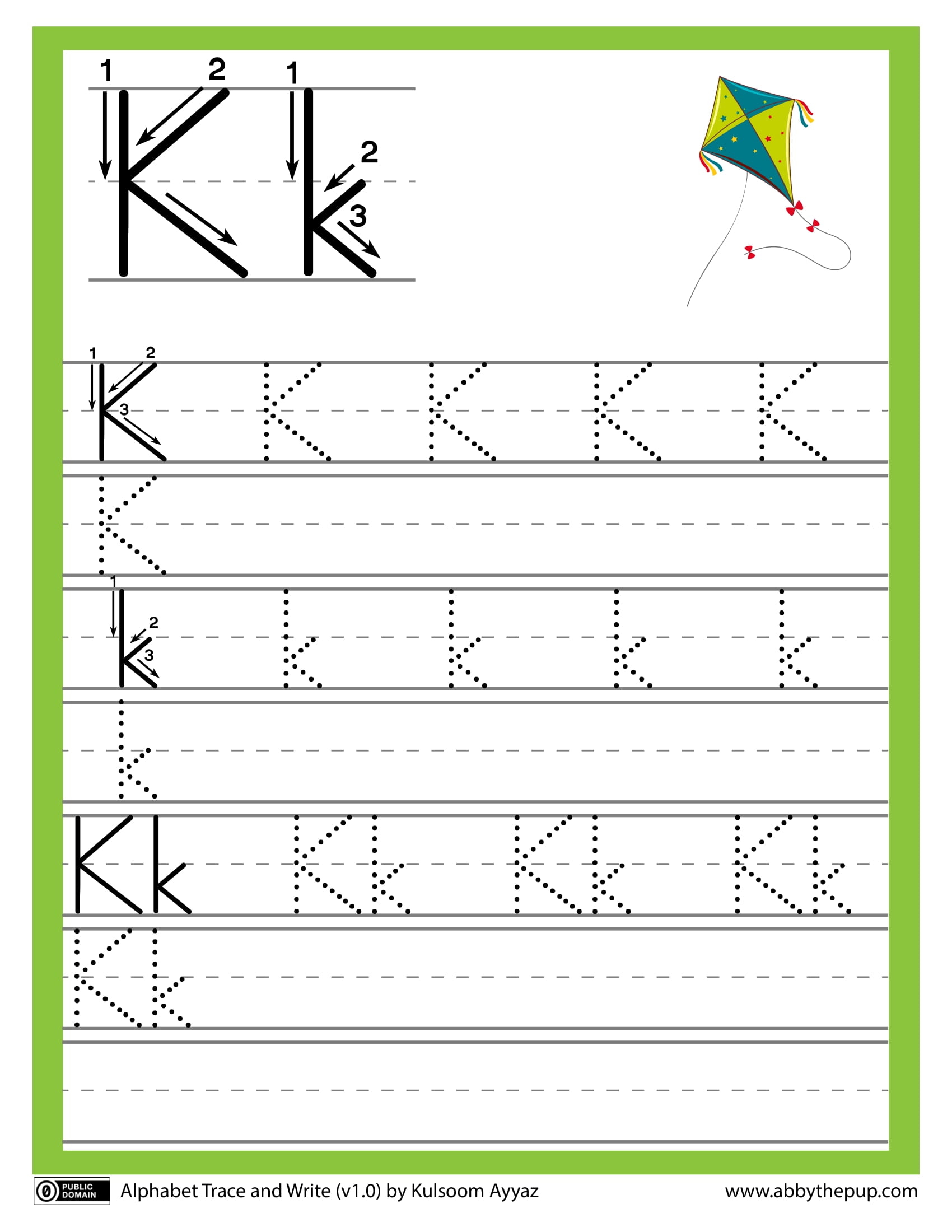 Letter k alphabet trace and write worksheet free printable puzzle games