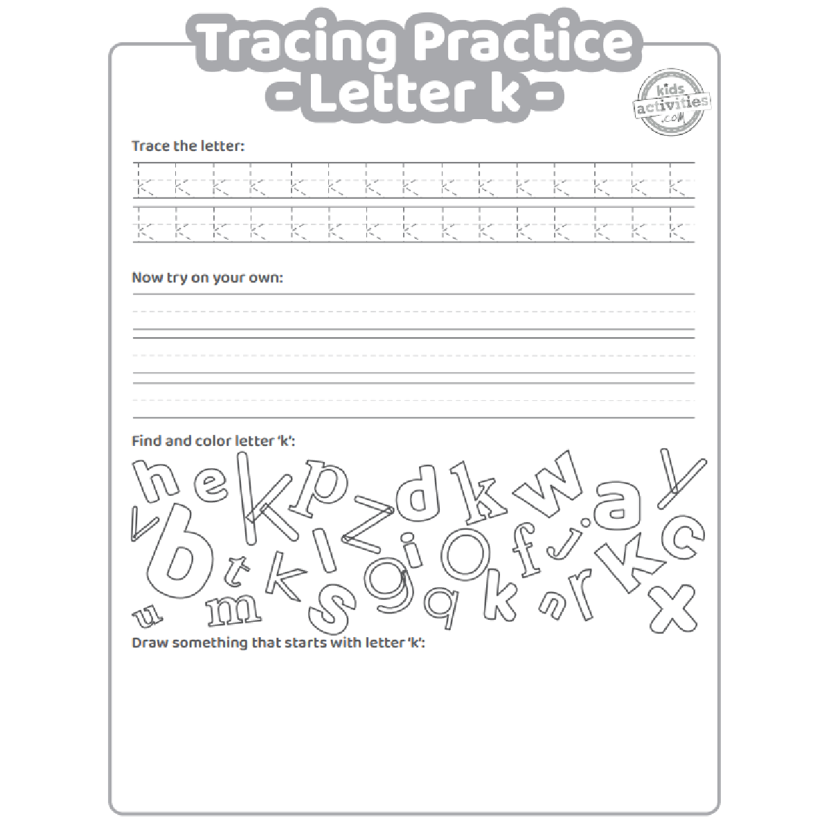 Free letter k practice worksheet trace it write it find it draw kids activities blog