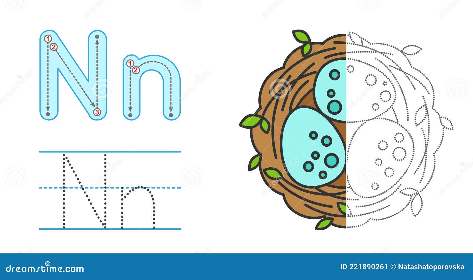 Trace the letter and picture and color it educational children tracing game coloring alphabet letter n and nest with stock vector