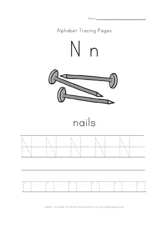 Letter n tracing page with picture of nails all kids network