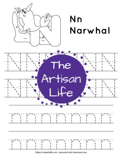 Free printable letter n tracing worksheet n is for narwhal