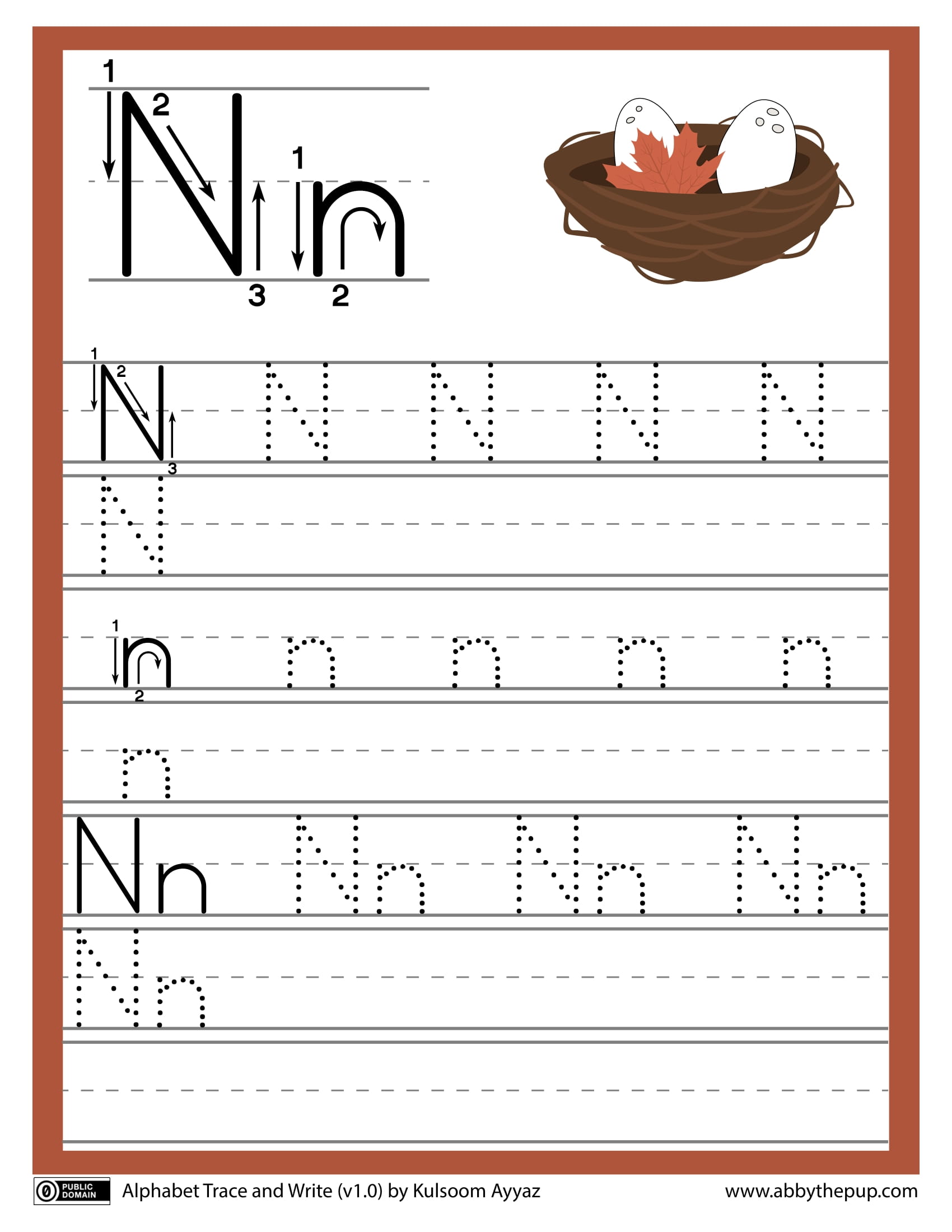 Letter n alphabet trace and write worksheet free printable puzzle games