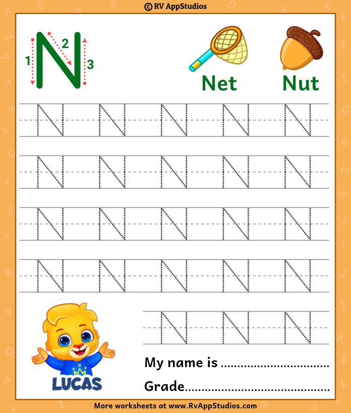 Capital letter n tracing worksheet trace uppercase letter n