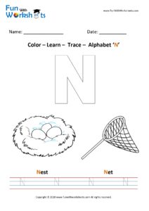 Capital letter n color learn and trace