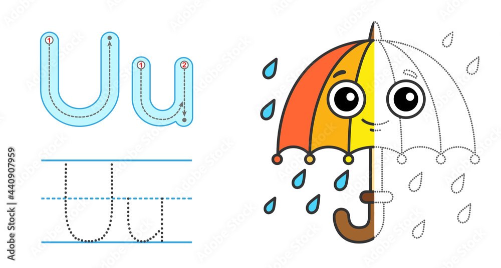 Trace the letter and picture and color it educational children tracing game coloring alphabet letter u and funny umbrella vector