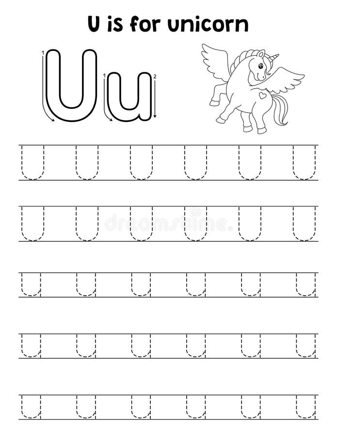 Unicorn animal tracing letter abc coloring page u stock vector