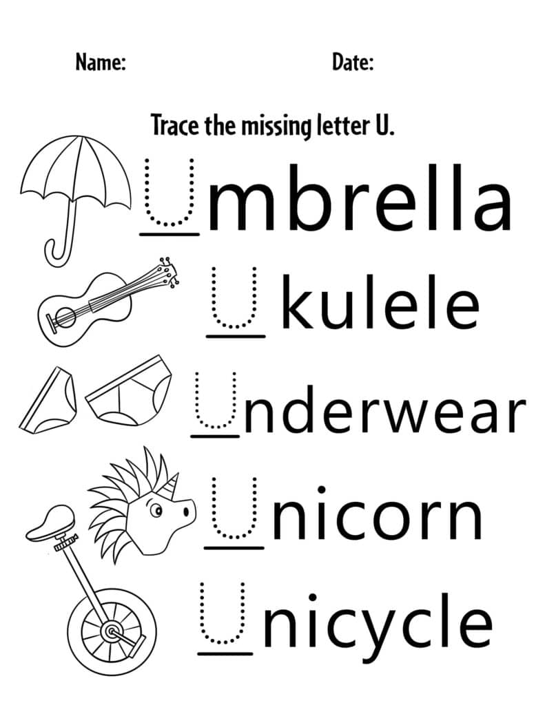 Free letter u worksheets for preschool â the hollydog blog