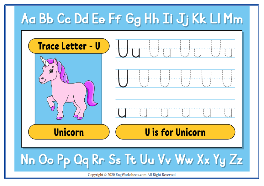 Alphabet letter u exercise with cartoon vocabulary