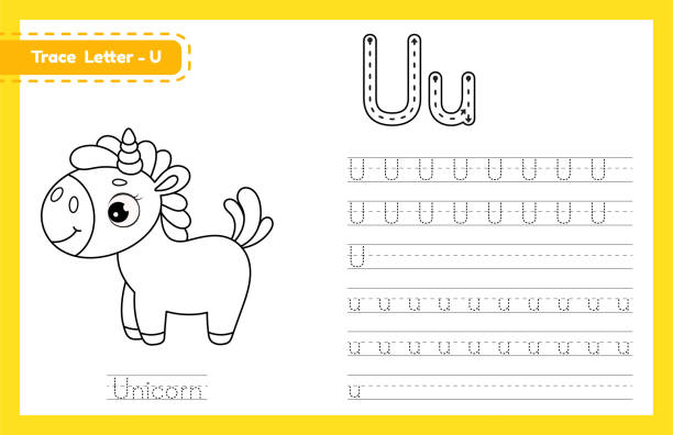 Trace letter u uppercase and lowercase alphabet tracing practice preschool worksheet for kids learning english with cute cartoon animal coloring book for pre k kindergarten vector illustration stock illustration