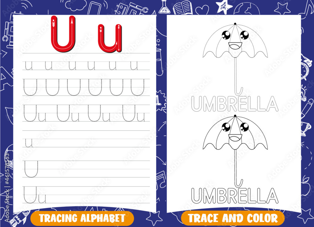 Alphabet tracing practice letter u writing practice and coloring book for kids vector