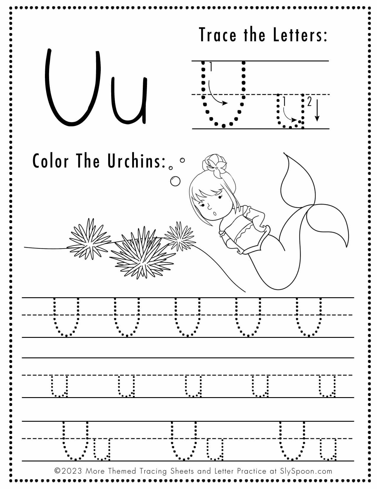 Free letter u tracing worksheet printable mermaid themed