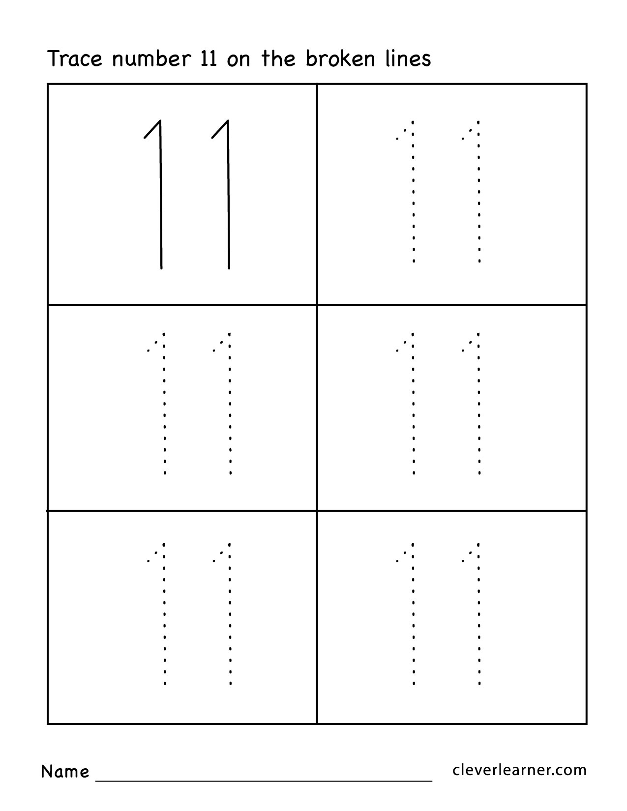 Number eleven writing counting and identification printable worksheets for children