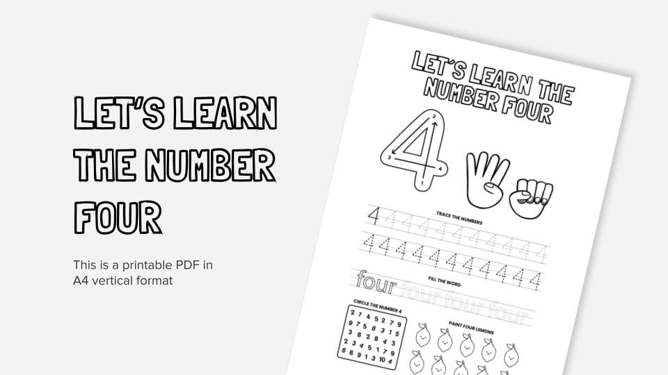 Lets learn the number four printable coloring worksheet