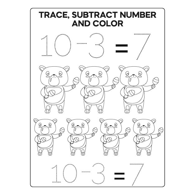 Premium vector tracing subtract number and color page for kids printable premium vector