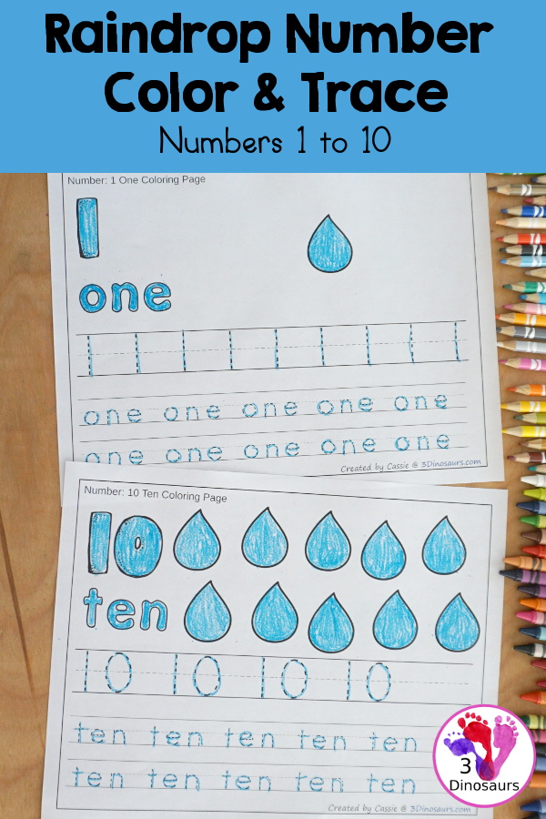 Free rain number color and trace numbers to dinosaurs