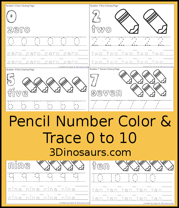 Free pencil number color trace dinosaurs