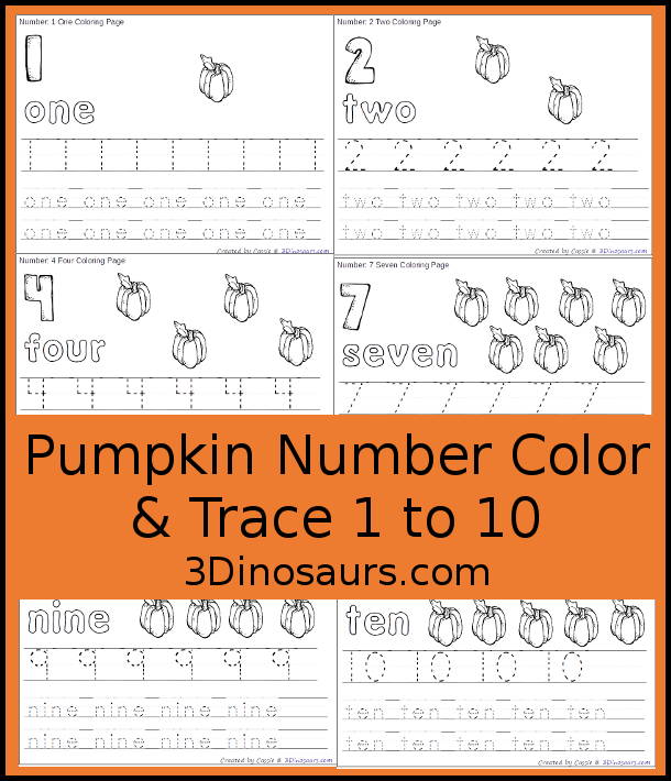 Free pumpkin number color tracing printable numbers to dinosaurs