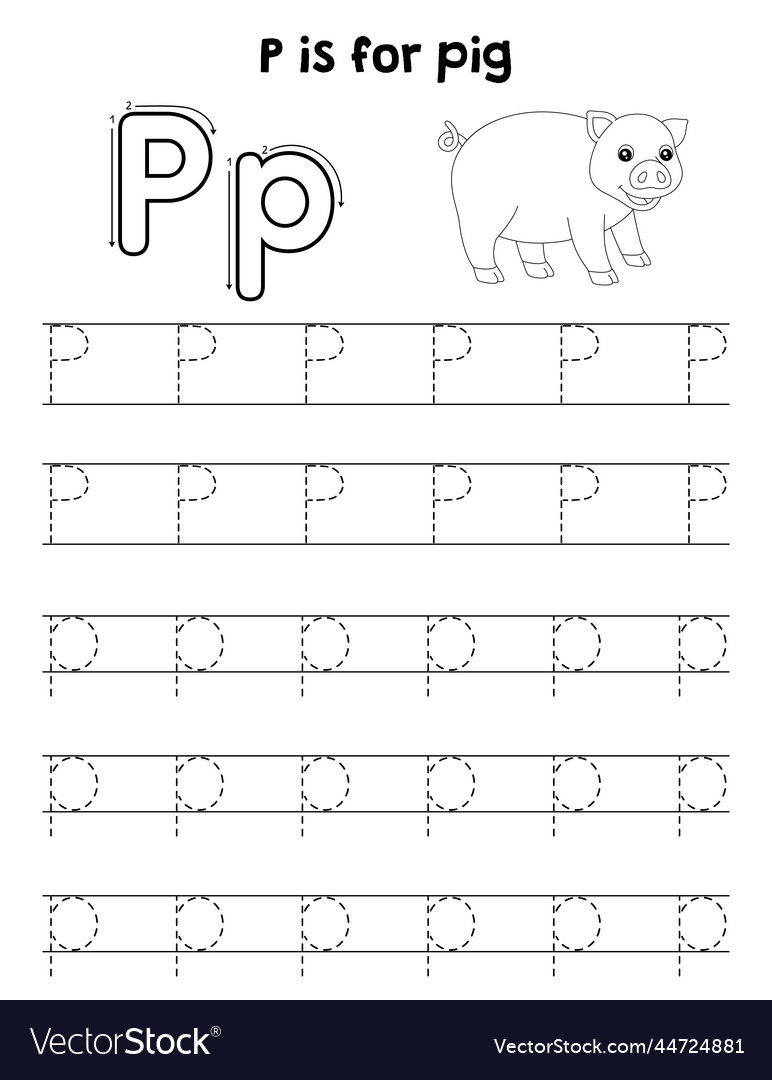 Pig animal tracing letter abc coloring page p vector image