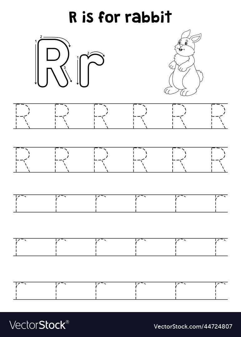 Rabbit animal tracing letter abc coloring page r vector image