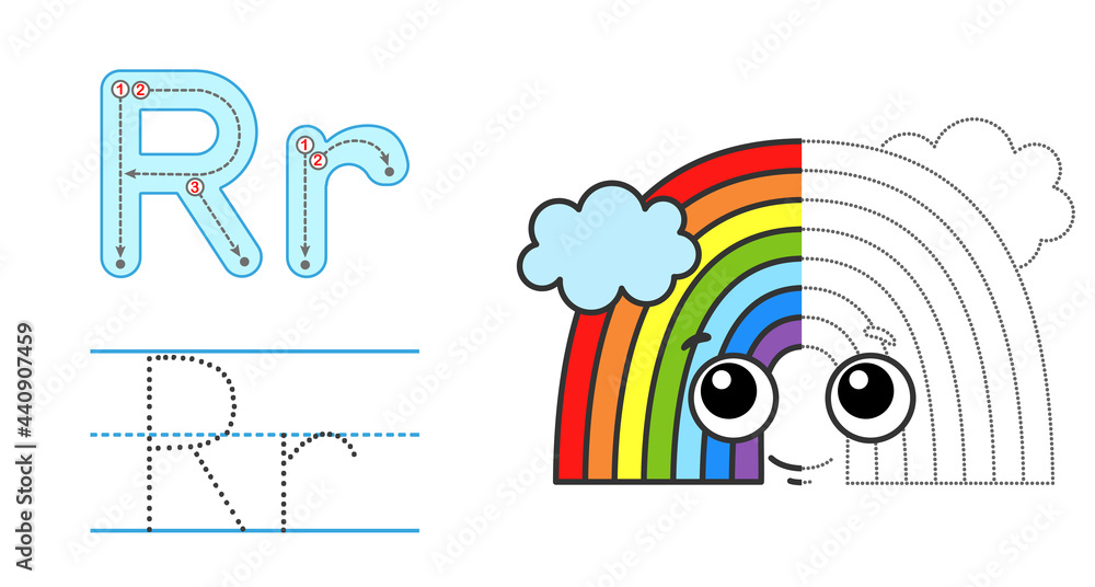 Trace the letter and picture and color it educational children tracing game coloring alphabet letter r and funny rainbow vector