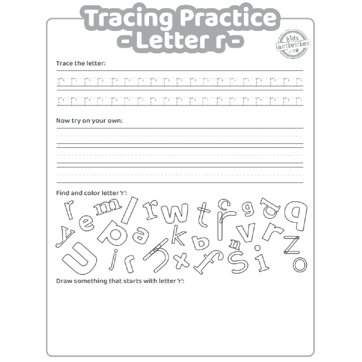 Free letter r practice worksheet trace it write it find it draw kids activities blog