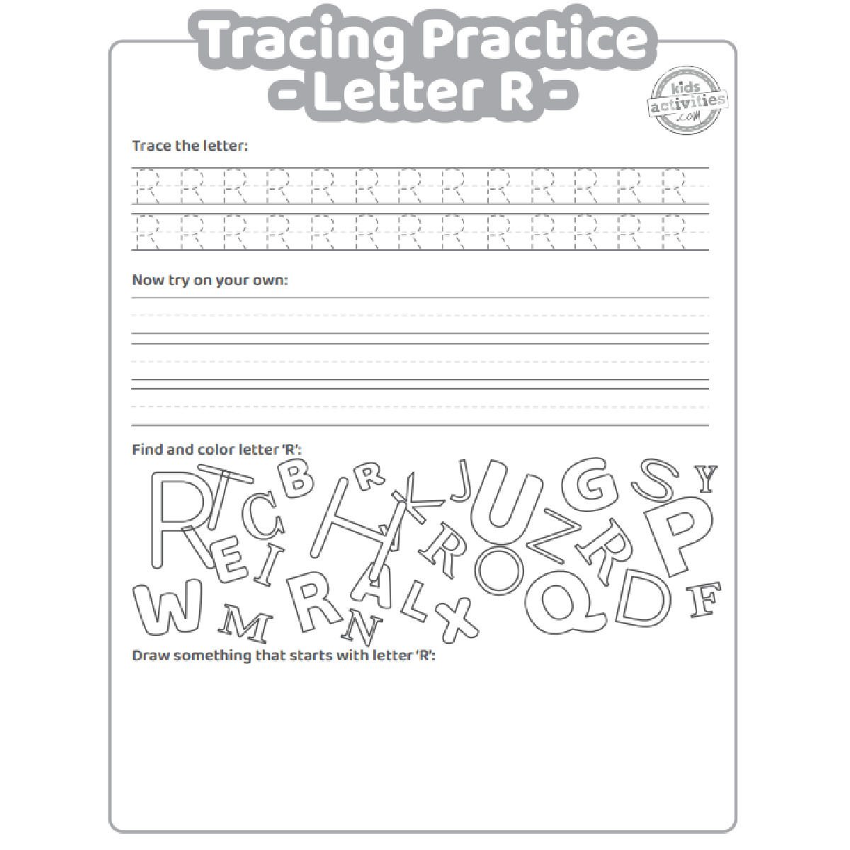 Free letter r practice worksheet trace it write it find it draw kids activities blog