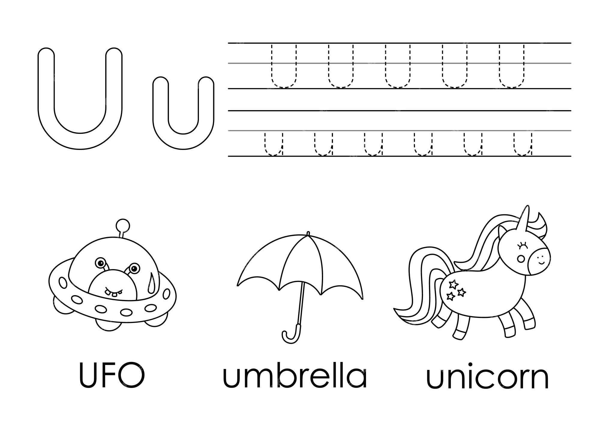 Premium vector learning english alphabet for kids letter u coloring book