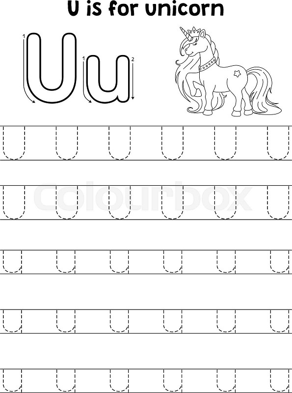 Unicorn animal tracing letter abc coloring page u stock vector