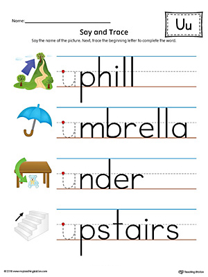 Say and trace short letter u beginning sound words worksheet color