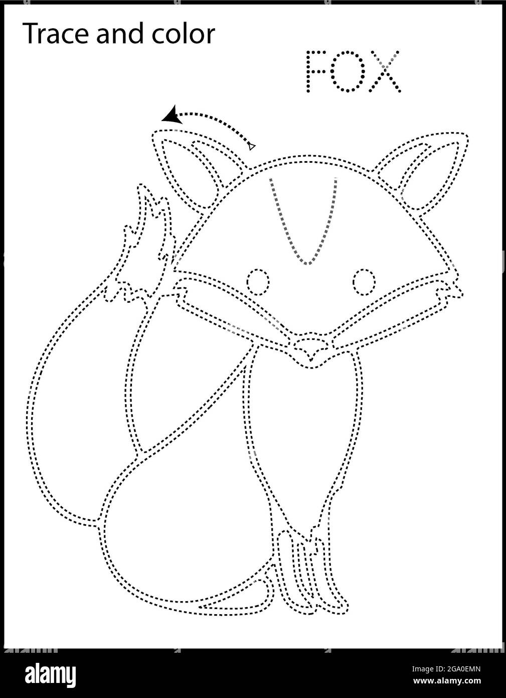 Printable coloring page for kindergarten and preschool tracing animal and names stock photo