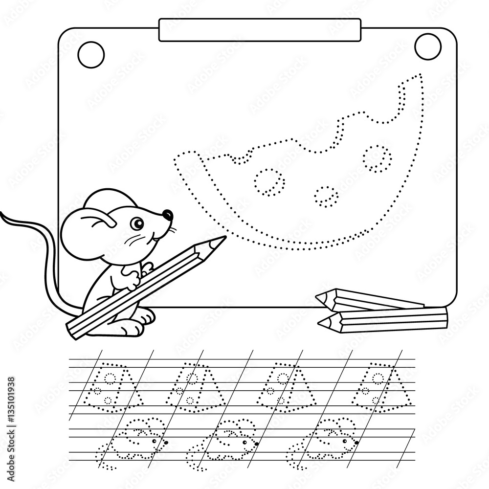 Connect the dots picture and coloring page tracing worksheet puzzle for kids cartoon cheese coloring page outline of mouse with pencil coloring book for children vector