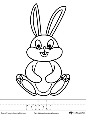 Free rabbit coloring page and word tracing