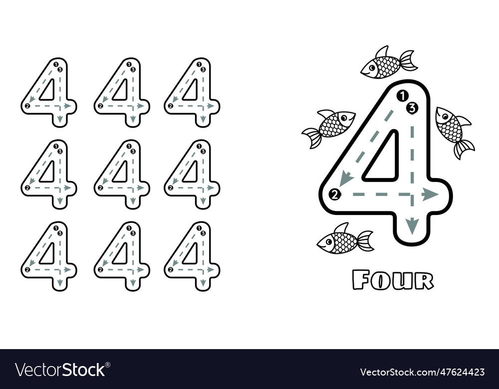 Number four trace practice worksheet for prek kids