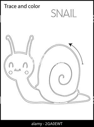 Printable coloring page for kindergarten and preschool tracing animal and names stock photo