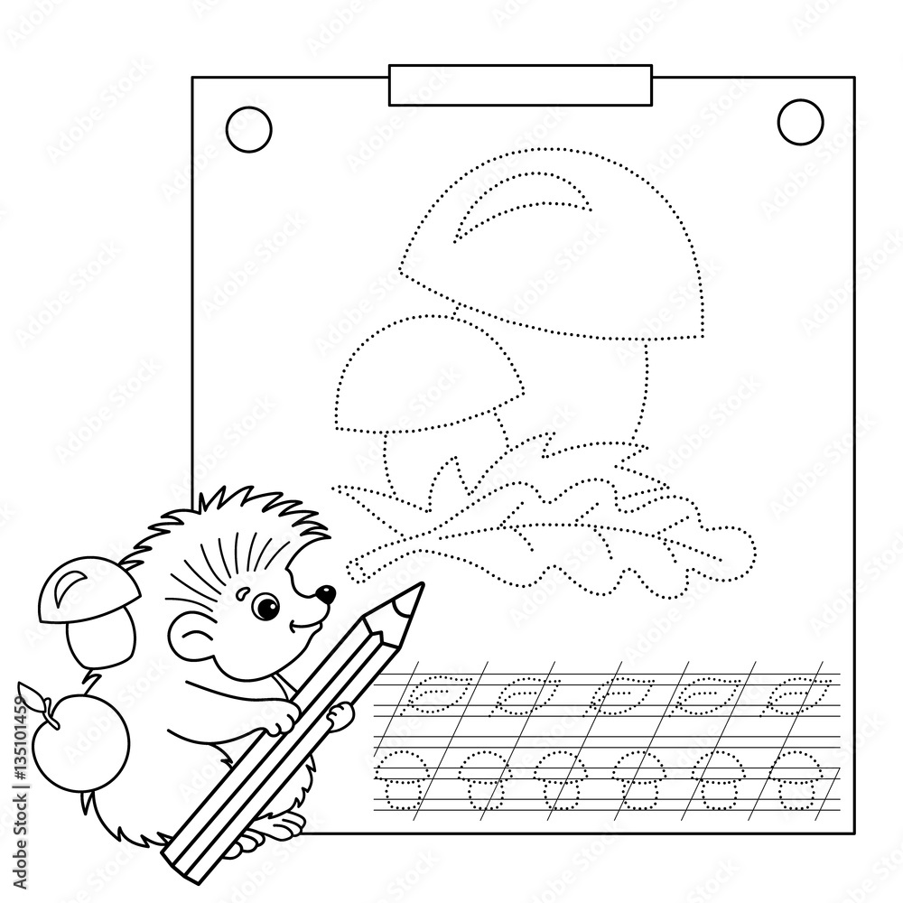 Connect the dots picture and coloring page tracing worksheet puzzle for kids cartoon mushrooms coloring page outline of hedgehog with pencil coloring book for children vector