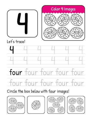 Premium vector word and number four tracing book interior worksheet page with coloring and counting activities