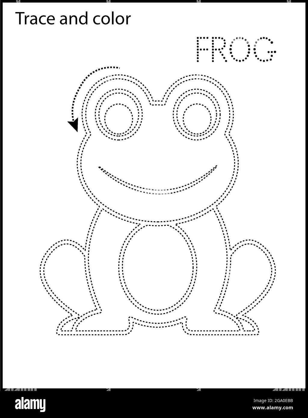 Printable coloring page for kindergarten and preschool tracing animal and names stock photo