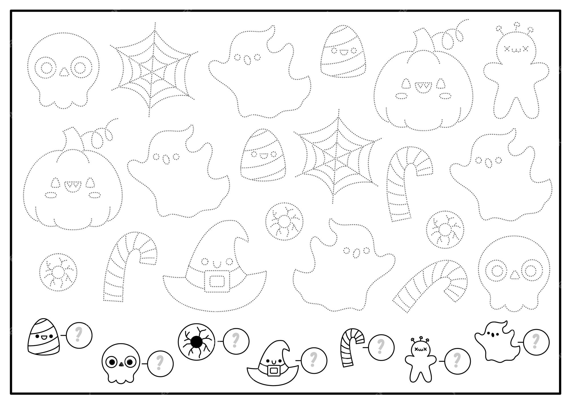 Premium vector halloween tracing worksheet with traditional holiday characters trace and count activity educational math spy and drawing game autumn holiday coloring page with ghost pumpkin skull