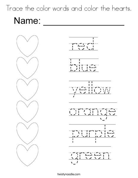 Trace the color words and color the hearts coloring page preschool writing kindergarten worksheets tracing worksheets preschool