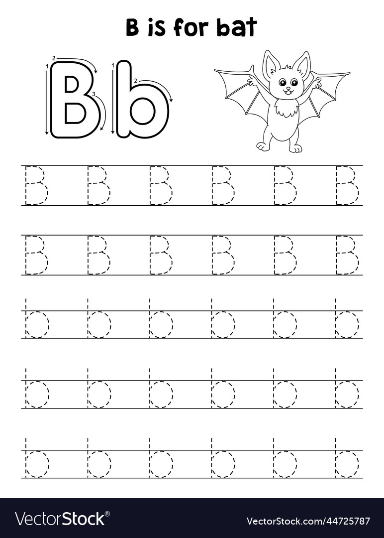 Bat animal tracing letter abc coloring page b vector image