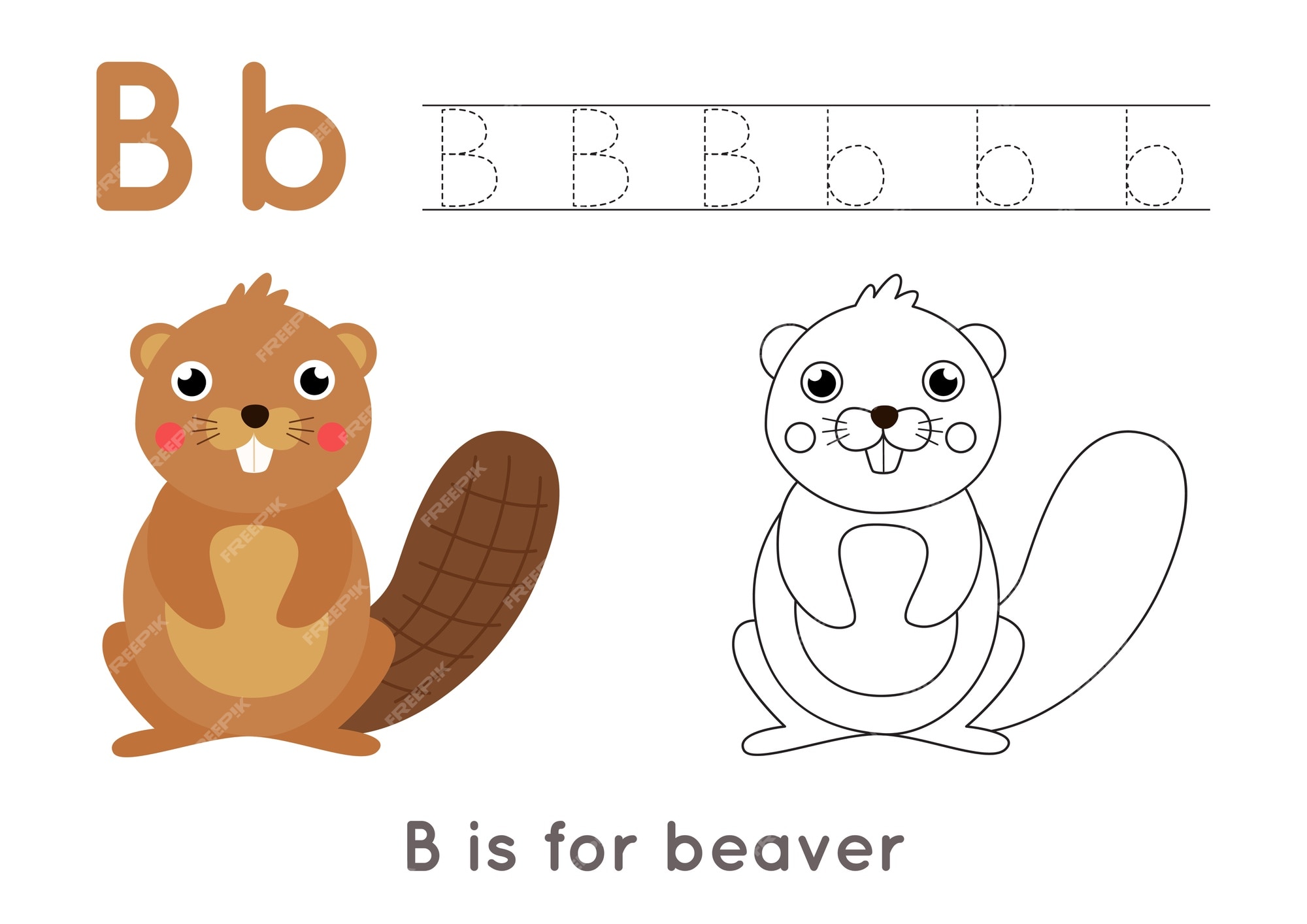 Premium vector alphabet coloring page for kids basic writing activity tracing abc letters worksheet letter b with cute cartoon beaver