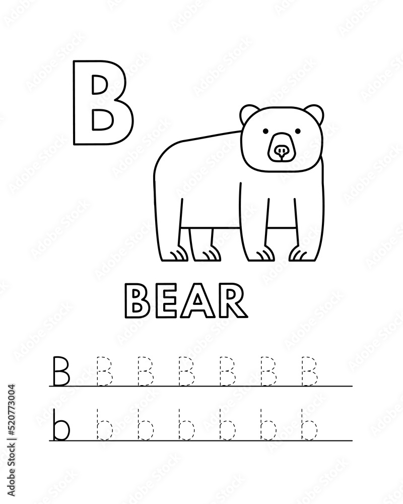 Alphabet with cute cartoon animals isolated on white background coloring pages for children education vector illustration of bear and tracing practice worksheet letter b vector